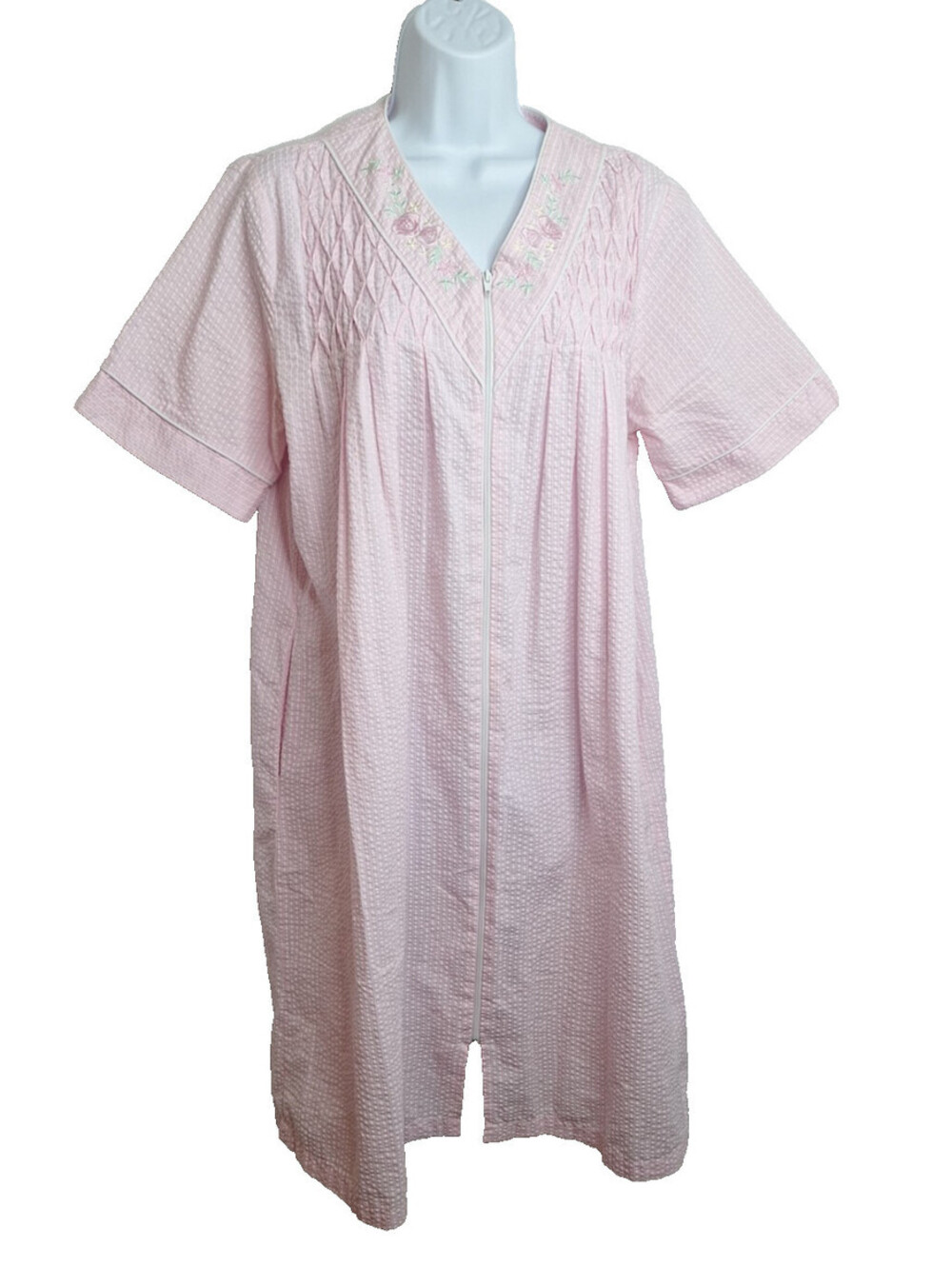 Miss Elaine Seersucker Embroidered Gringham Muumuu Housecoat Grannycore Prairie